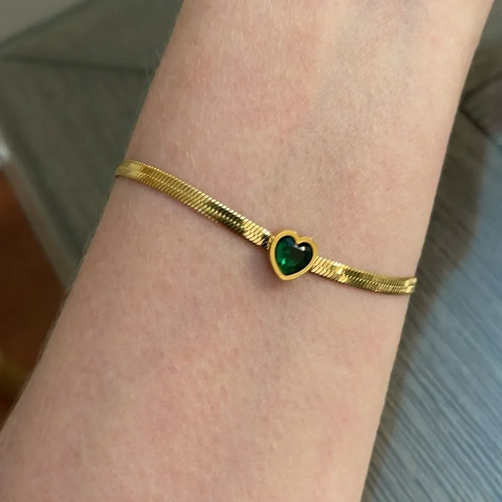 18K Gold Plated Stainless Steel Snake Chain Green Cubic Zirconia Heart Bracelet